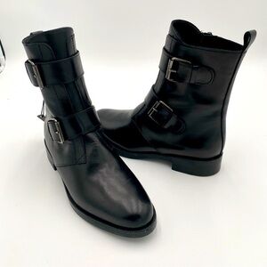 Emanuele Crasto Double Buckle Leather Moto Biker Boots Shoe Black Size 7.5 (NWT)